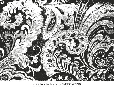 Distressed overlay texture of fabric. Textile with eastern floral ornament, leaves and flowers. grunge background. abstract halftone vector illustration.