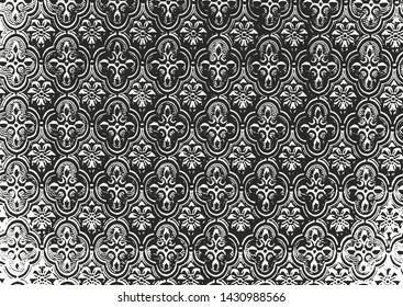 Distressed overlay texture of fabric. Textile with eastern floral ornament, leaves and flowers. grunge background. abstract halftone vector illustration.