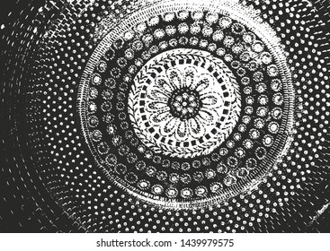 Distressed overlay texture of fabric. Textile with eastern floral ornament, leaves and flowers. grunge background. abstract halftone vector illustration.