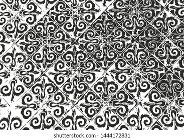 Distressed overlay texture of fabric. Textile with eastern floral ornament, leaves and flowers. grunge background. abstract halftone vector illustration.