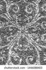 Distressed overlay texture of fabric. Textile with eastern floral ornament, leaves and flowers. grunge background. abstract halftone vector illustration.