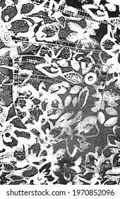 Distressed overlay texture of fabric. Textile with eastern floral ornament, leaves and flowers. grunge background. abstract halftone vector illustration.