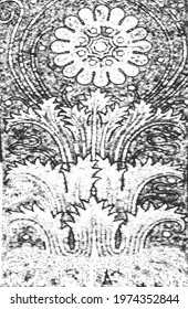 Distressed overlay texture of fabric. Textile with eastern floral ornament, leaves and flowers. grunge background. abstract halftone vector illustration.