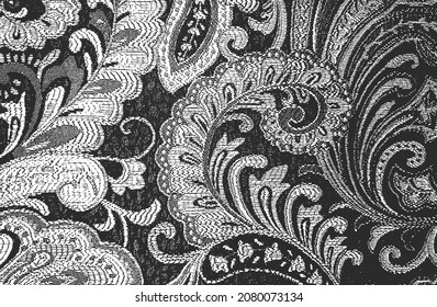 Distressed overlay texture of fabric. Textile with eastern floral ornament, leaves and flowers. grunge background. abstract halftone vector illustration.
