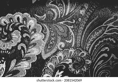 Distressed overlay texture of fabric. Textile with eastern floral ornament, leaves and flowers. grunge background. abstract halftone vector illustration.