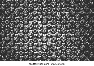 Textura superpuesta de tela con problemas. Textil con adorno floral oriental, hojas y flores. fondo grueso. ilustración abstracta de medio tono vectorial.