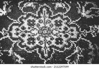 Distressed overlay texture of fabric. Textile with eastern floral ornament, leaves and flowers. grunge background. abstract halftone vector illustration.