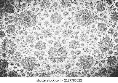 Verzerrte Overlay-Textur des Gewebes. Textil mit östlichen Blumenziern, Blättern und Blumen. brüchiger Hintergrund. abstrakte Halftone-Vektorgrafik.