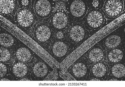 Distressed overlay texture of fabric. Textile with eastern floral ornament, leaves and flowers. grunge background. abstract halftone vector illustration.