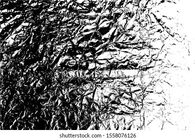 Distressed overlay texture of rough surface, crumpled foil, cracks and creases. Grunge background. One color graphic resource.