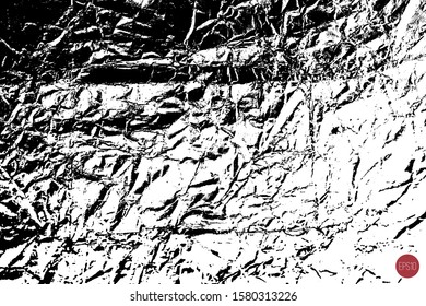 Distressed overlay texture of rough surface, crumpled foil, cracks and creases. Grunge background. One color graphic resource.