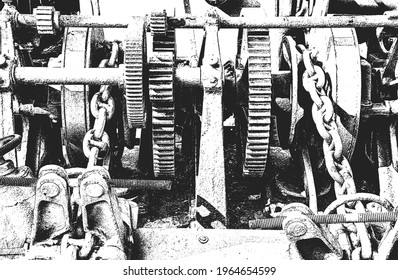 Distressed overlay texture of rusted metalic machine, grears, shaft. grunge background. abstract halftone vector illustration