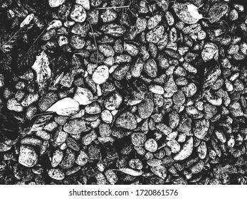 Textura superpuesta angustiada de piedras, rocas, guijarros, macadam. fondo grueso. ilustración abstracta de medio tono vectorial