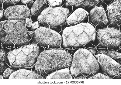 Distressed overlay texture of stones, rocks, pebbles, macadam inside the metalic mesh, net. grunge background. abstract halftone vector illustration