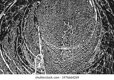Distressed overlay texture of twisted rope, fishing net, textile mesh. grunge background. abstract halftone vector illustration