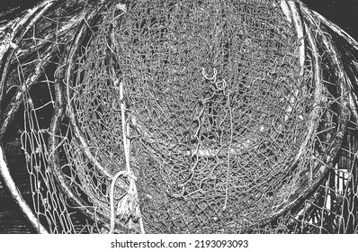Distressed overlay texture of twisted rope, fishing net, textile mesh. grunge background. abstract halftone vector illustration