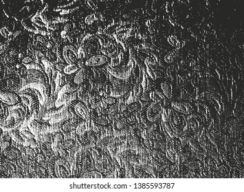Distressed overlay texture of weaving fabric with floral ornament. grunge background. abstract halftone vector illustration