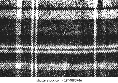 Distressed overlay texture of weaving fabric, knitted blanket with tartan ornament. grunge background. abstract halftone vector illustration