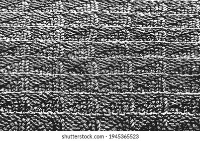 Textura superpuesta angustiada de tejido, suéter de punto ornamental, trenzas, jersey, pullover. fondo grueso. ilustración abstracta de vector de medio tono