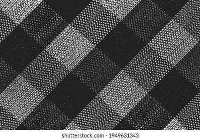 Distressed overlay texture of weaving fabric, knitted blanket with tartan ornament. grunge background. abstract halftone vector illustration