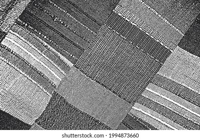 Distressed overlay texture of weaving fabric, knitted blanket with tartan ornament. grunge background. abstract halftone vector illustration