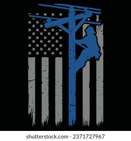 Distressed Patriotic Thin Blue Line Lineman American Flag Gift T-shirt