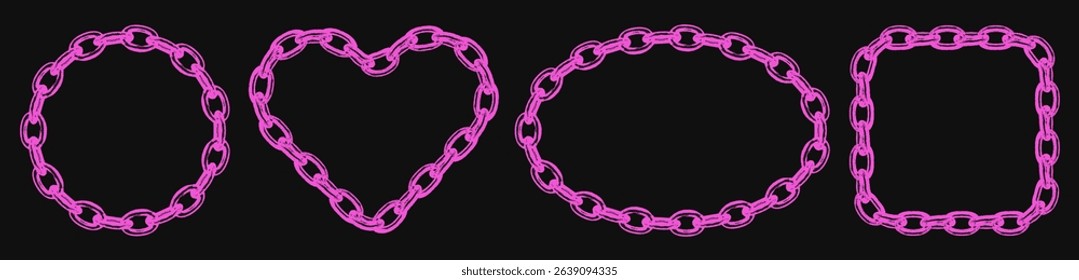Distressed pink metal chain frames set with retro photocopy effect. Monochrome borders with gritty stippling texture. Trendy elements for y2k emo collage design. Vector illustration