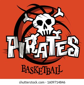 distressed pirates basketball team design with jolly roger inside ball for school, college or league