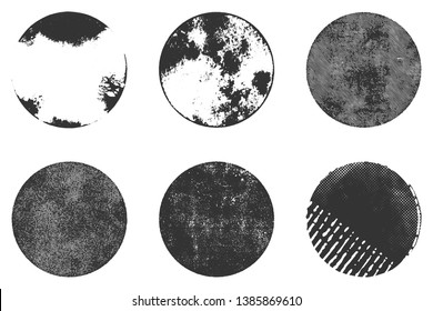 Distressed post Stamp texture set. Circle grunge scratched lable background. Aged bold thin round cover template. Used circular icon, badge, button backdrop. Elements aging your design. EPS10 vector.
