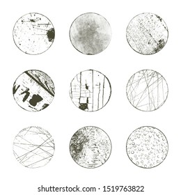 Distressed post Stamp texture set. Circle grunge scratched lable background. Aged bold thin round cover template. Used circular icon, badge, button backdrop. Elements aging your design. EPS10 vector.