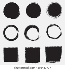 Distressed post Stamp texture set. Circle grunge scratched lable background. Aged bold thin round cover template. Used circular icon, badge, button backdrop. Elements aging your design. EPS10 vector.