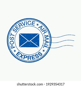 Distressed Postal Stamp Vector Illustration. Round Shape Blue Postage Stamp, With Post Service, Air Mail, And Express Text.