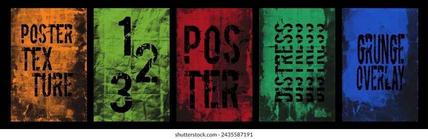 Distressed poster backgrounds with grunge halftone effect. Punk poster overlay surface with a rough polka dot pattern. Cyber grange contemporary design template for banner, flyer. Vector illustration