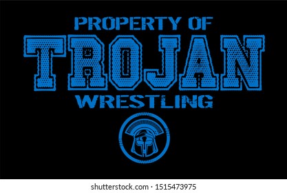 distressed property of trojan wrestling team with helmet for school, college or league