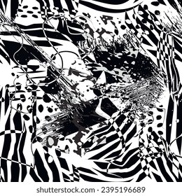 Líneas de doodle dibujadas a mano psicodélicas angustiadas, pinceladas de broche, pulverizadores, rayas, estampado negro y blanco grunge sin costura. Vector de fondo artístico ornamental moderno. Ornamentos creativos a mano libre.