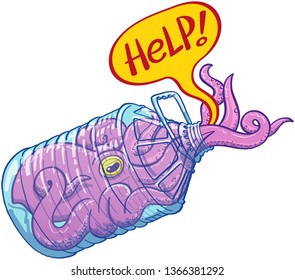 Distressed purple octopus asking for help when keeping trapped in a plastic bottle. It's stretching its tentacles through the mouth of the bottle while showing a speech balloon begging for help