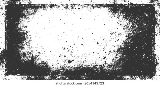 A distressed rectangular frame with dark splatters and specks on a white background.