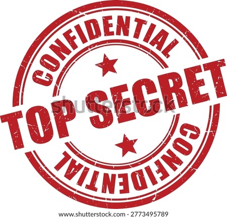 A distressed red circular rubber stamp graphic with Top Secret Confidential text and stars isolated on transparent background