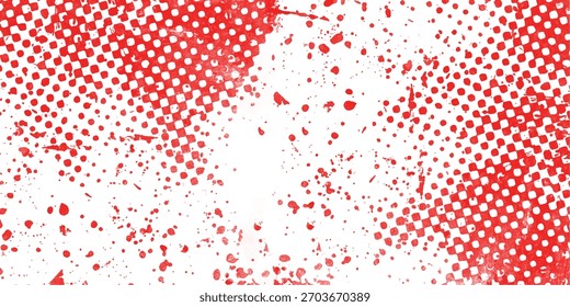 Distressed red halftone dots with splatters grunge texture art isolated on white background