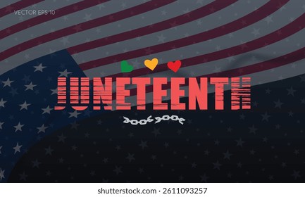 Distressed Red Juneteenth Design with Chains and American Flag Background