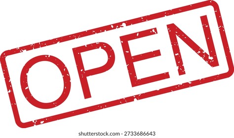 Efeito de carimbo vermelho angustiado com texto "ABERTO", indicando disponibilidade ou prontidão para negócios em uma superfície branca simples.