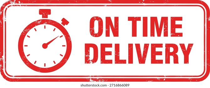Un sello rojo afligido con un cronómetro y las palabras 'ON TIME DELIVERY' en letras rojas en negrita.