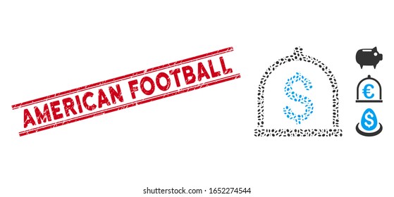 Distressed red stamp seal with American Football caption inside double parallel lines, and mosaic dollar deposit icon.