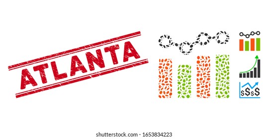 Distressed red stamp seal with Atlanta text between double parallel lines, and mosaic chart trend icon. Mosaic vector is composed with chart trend icon and with scattered ellipse items.