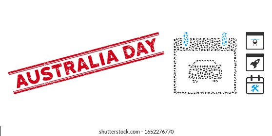 Distressed red stamp seal with Australia Day phrase between double parallel lines, and mosaic car calendar day icon.