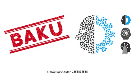 Distressed red stamp seal with Baku caption between double parallel lines, and collage cyborg head icon. Mosaic vector is composed with cyborg head icon and with scattered elliptic elements.