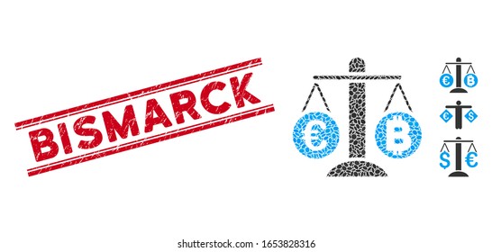 Distressed red stamp seal with Bismarck text between double parallel lines, and mosaic Euro Bitcoin balance weight icon.