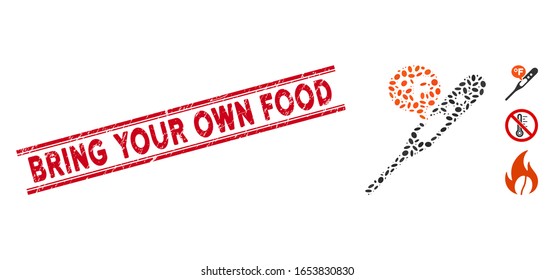 Distressed red stamp seal with Bring Your Own Food caption inside double parallel lines, and mosaic fahrenheit temperature icon.