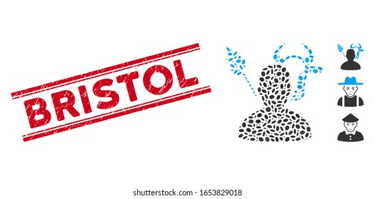 Distressed red stamp seal with Bristol text between double parallel lines, and mosaic farmer icon. Mosaic vector is formed with farmer pictogram and with random elliptic elements.