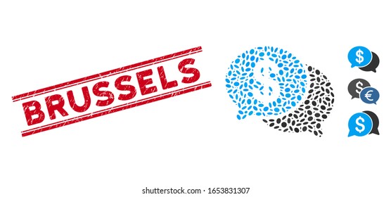 Distressed red stamp seal with Brussels phrase between double parallel lines, and mosaic financial chat icon. Mosaic vector is created with financial chat icon and with random ellipse spots.